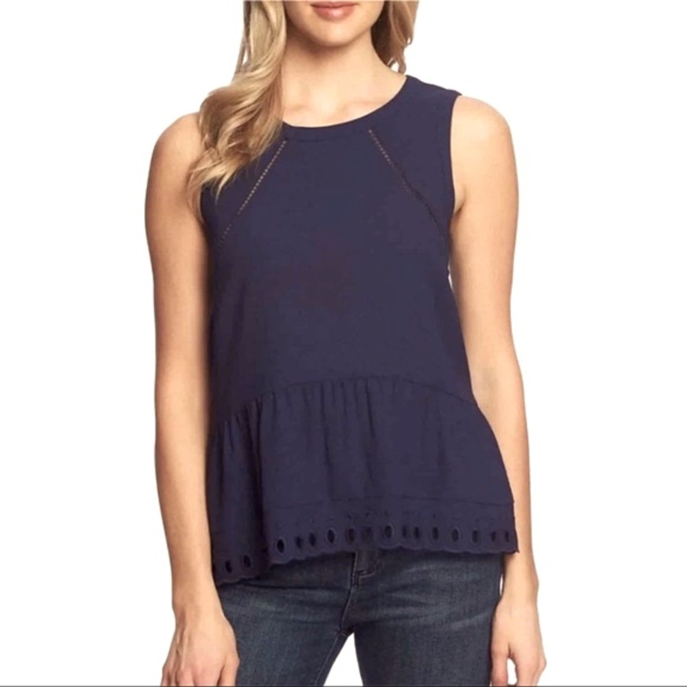 1.STATE Eyelet Flounce Peplum Tank Top in Dark Tide